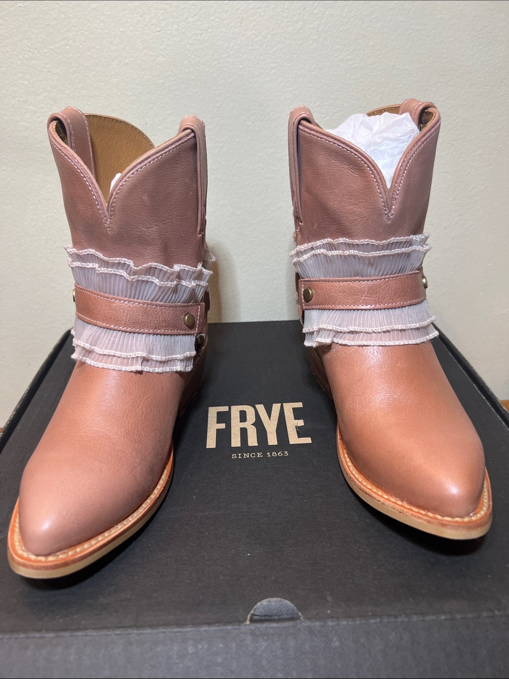 Frye Women's Pink Leather Ruffle Harness Boots Size 6